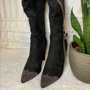 Over the Knee Rhinestone Pointed Toe Heeled Boots